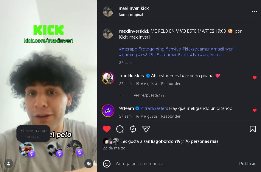 Reel de Maxi en Instagram con comentarios de Francaster y de la cuenta de 9z